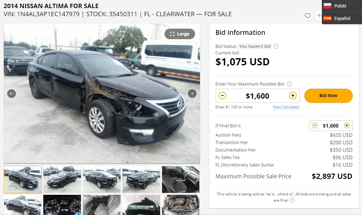 costo de tarifas de la subastadora por comprar un automóvil en Estados Unidos